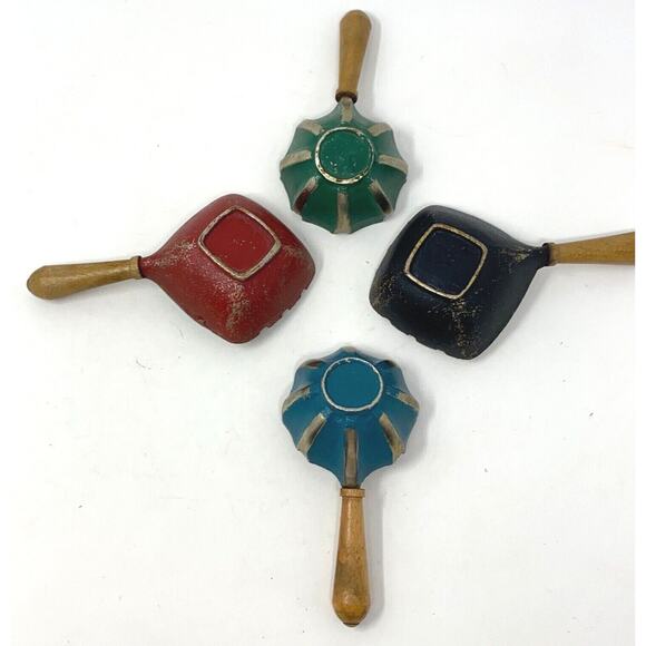 4 VTG Ashtrays Cast Iron Wood Handle MCM Retro Kitschy Western Planter Red Teal - Picture 3 of 12